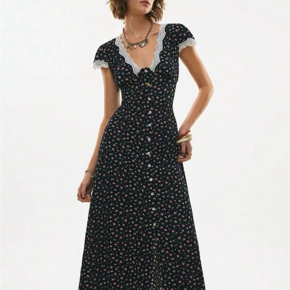 Floral Lace-Trim Cap Sleeve Button Down Vintage Style Dress - Picture 12 of 16